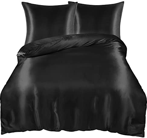 PiccoCasa Satin Bettwäsche 135x200cm Schwarz 3tlg Uni Glatt Luxus Seide Bettbezug mit Reißverschluss und Kissenbezug 80x80cm kuschelig weich Bettwäsche-Sets