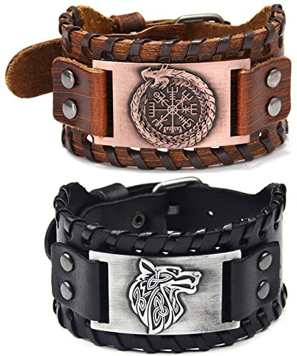 Sehaby Set 2 Pezzi: Bracciale con Rune Bussola Marrone e Testa di Lupo Nero, in Pelle Intrecciata Fatta a Mano con Nodo Celtico Nordico Vichinghi