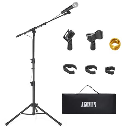 AKOZLIN Microphone Stand, Boom, Tripod Stand, Foldable, Extendable Arm, 360° & Height Adjustable, Includes 2 Microphone Holders, Storage Case, Stand, Great for Workshops, Lives, Speeches, Broadcasts