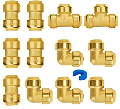 SUNGATOR Push Pex Fittings 3/4 Inch, 5 Each Coupling and Elbow, Tee (2 PCS), No Lead Brass Push-to-Connect Plumbing Fittings for Pex Pipe, Copper, CPVC, with 1 Disconnect Clip, Pack of 12