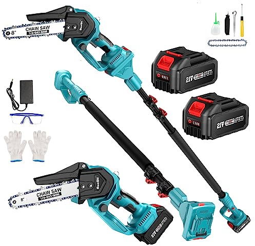 2-in-1 Mini Motosega con Batteria 8000mAh, Seesii 8 Pollici Motosega Telescopica senza spazzole, Svettatoio Telescopico Auto-Lubrificante, Serbatoio Olio 30ml, Altezza Di Lavoro 4,57m