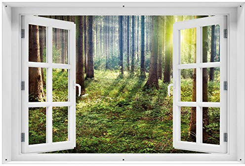 Wallario Outdoor-Poster für Garten oder Balkon Sonnenuntergang im Wald zwischen den Bäumen, Motivbanner Größe: ca. 60 x 90 cm mit Fenster-Illusion