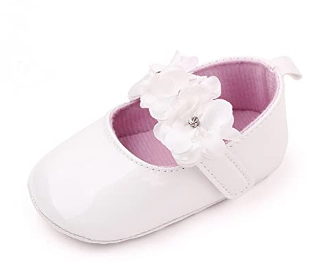 Zapatos de princesa para niña, bebé, niña, flores, zapatos planos, de goma, antideslizantes, para bautizo, para verano, niñas, para aprender a andar, para gatear, de piel, Blanco, 12