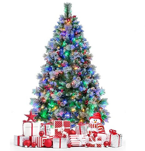 COSTWAY 180/210cm Künstlicher Weihnachtsbaum LED, beleuchteter Tannenbaum mit Kiefernzapfen & roten Beeren & Metallständer, 11 Lichtmodi, Christbaum PVC Kunstbaum Weihnachten, grün+weiß (180cm)