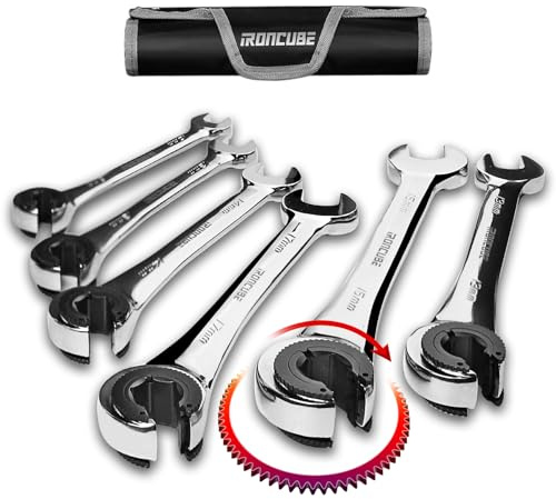 ironcube Brake Line Wrench Set: 6 Pcs Metric 10-17mm - Ratcheting Open-end for Nuts on Fuel, Brake or Air Conditioning Lines