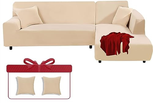 LINGKY Sofabezug Ecksofa L Form Sofa Überwürfe Stretch Sofa Überzug L Form Rechts oder Links mit Kissenbezügen Waschbar Universal-Couchbezug Für 1/2/3/4 Sitzer (Beige,2 Sitzer(145-185cm))