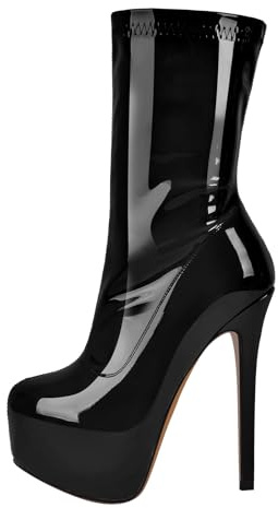 MissHeel Bottines à plateforme à tige courte - Talons hauts - Bottines élastiques vernies, Noir , 43 EU