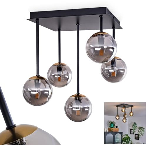 HOFSTEIN Deckenleuchte Chehalis, Deckenlampe aus Metall/Glas in Schwarz/Rauchfarben, Leuchte im Retro/Vintage-Design mit Schirmen aus Glas (Ø 10 cm), 5 x G9 LED