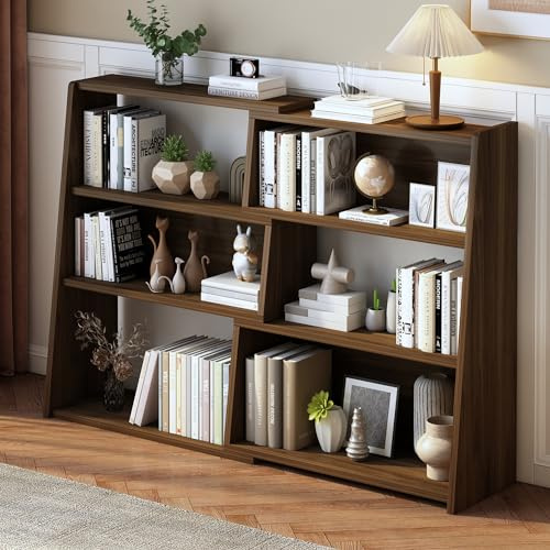 IOTXY Wooden Extendable Shelf Bookcase - 3-Tier Ladder Low Short Bookshelf for Small Space or Corner, Dark Walnut, L