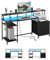 Scrivania PC, Tavolo per Computer, Scrivania con 2 Cassetti, Scrivania Gaming con LED e Presa, Scrivanie con Scaffale per Stampante e Supporto per Monitor, 2 Ganci, Ripiani Regolabili, 160 cm, Nero