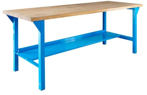Steinbock Werkbank mit Ablage | 200x85x75 cm | 500 kg | Blau | 500 kg Tragkraft | 5 cm geölte Massivholz-Arbeitsplatte aus Buche | stabiles Stahlgestell | Werktisch | Made in EU