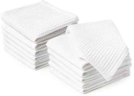 Encasa XO Küchenhandtücher und Waschlappen aus Baumwolle | Weiss | Waffel- und Flachgewebe-Geschirrtuch | Geschirrtuch-Set | 30x30 cm | Wiederverwendbar und schnell trocknend 12er-Satz