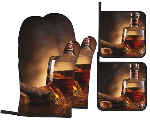 Brandy Ofenhandschuhe und Topflappen mit Zigarren-Druck, 4 Stück, hitzebeständige Küchenhandschuhe und rutschfeste heiße Pads, wasserdichte Ofenhandschuhe für Küche, Kochen, Backen, Grillen