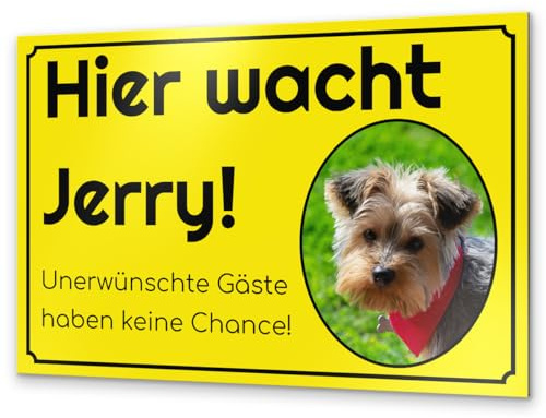 Vorsicht Hund Schild mit eigenem Foto - Warnung vor dem Hund Schilder - Achtung Hund Schild wetterfest - Hundeschild Warnung Warnschild - Hundeschilder personalisiert (Alu Dibond) (Design D2)