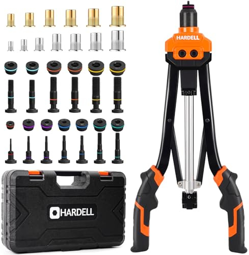 HARDELL Remachadora de Tuerca 16, Remachadora Manual de Liberación Automática, Pistola Remachadora con 13 Métrico y SAE Mandriles Intercambiables y 186 Tuercas, con Estuche de Transporte Resistente