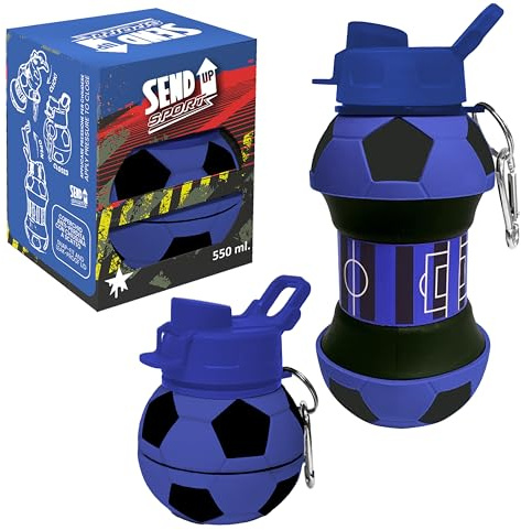 SEND UP Borraccia Calcio NERO/AZZURRI Squadra del Cuore, 550ml Pieghevole a 200ml, Senza BPA, Infrangibile, Lavabile Lavastoviglie, Tappo Vite, Materiale dal Silicio, Regalo Sportivo Adulti e Bambini