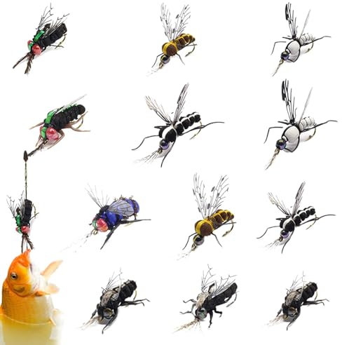 Teksome Angelfliegen-Set, Fliegenfischer-Sortiment,Forellenköder-Set mit 12 Stück | Realistischer handgebundener Lachsforellenbarsch-Fliegenköder, Boxen für Barsche im Lieferumfang enthalten