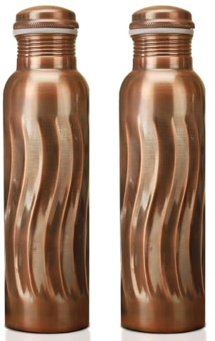 FURNISHFUL FINESSE Kupfer-Wasserflasche, 950 ml, 2 Stück | aus reinem Kupfer; auslaufsicherer Deckel; mit Tragetasche; für traditionelle ayurvedische Wasseraufbewahrung.