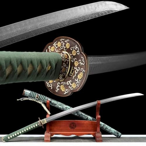 KWXPW Echte Samuraischwerter┃Klinge aus Musterstahl┃Handschutz aus Reinem Kupfer┃Sprühlackierte Scheide aus Massivholz┃103cm Katana zum Ausstellen,Sammeln,Verschenken,Dekorieren,Cosplay,Kendo