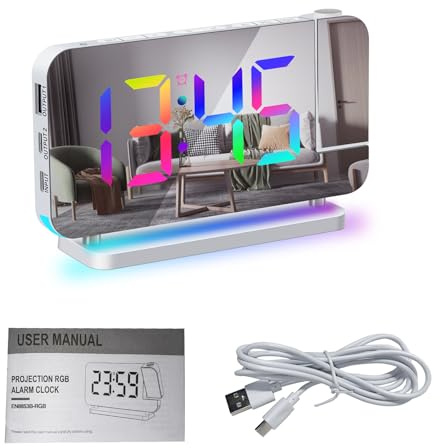 YUYTE Projektionswecker für Schlafzimmer,Projektoruhr, Digitalwecker mit großer 7.4 LED-Anzeige, Digitaler Wecker, Buntes RGB-Großbilddisplay, Projektoruhr mit Dimmer, 180° Projektor (White)