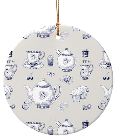 QGWDYYJQ Teiere e tazze disegnate a mano in ceramica con ciondolo rotondo decorazione dell'albero di Natale