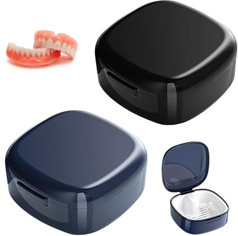 2 Stück Zahnspangendose mit Sieb, Tragbare Prothesendose, Gebissdose, Zahnprothesenbox, Retainer Container Aufbewahrungsbox mit Hängender Sieb, für Lagerung und Reinigung von Prothesen