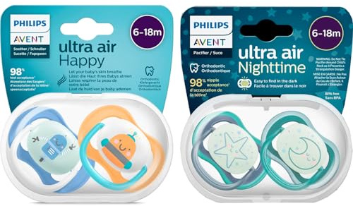 Philips Avent Soothers, 6-18 m Ultra Air Day & Night Soother (paket med 4): 2 x Glow-in-The-Dark Night Napp; 2 x Ultra Air Day Napp, åldrad 6-18 månader, 2 steriliseringsväskor