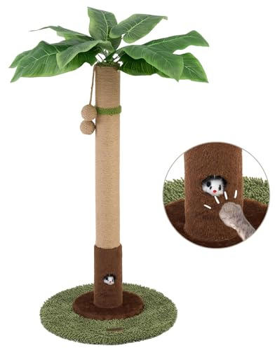 WOOCHPET Kratzbaum mit Sisalseil für Indoor-Katzen, Palmen-Kratzbäume, Pflanzenkratzbaum, interaktiver Ball und Maus, Katzenspielzeug für Erwachsene Katzen und Kätzchen, 89 cm hoch, Grün