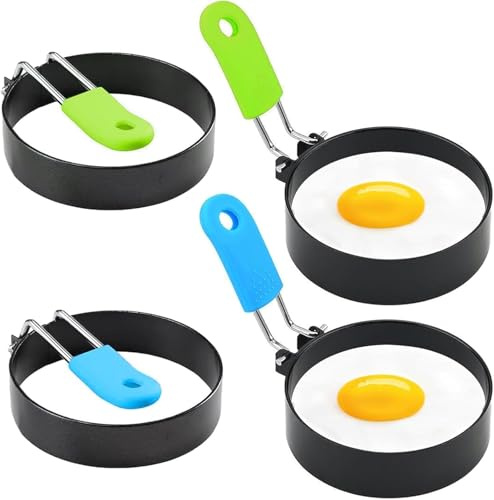 4pcs(2 Blue+2 Green) Egg Rings for Frying Egg Rings with Anti-Scald Folding Handle Fried Egg Ring Mould for Non Stick with an Oil Brush Non Stick Coating Suitable for Egg Frying Shaping Pancakes