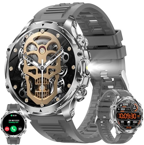 MYSHUN Reloj inteligente AMOLED 1,85 pulgadas para hombre con teléfono, batería 800 mAh, linterna, 5 ATM, rastreador 123 modos deportivos