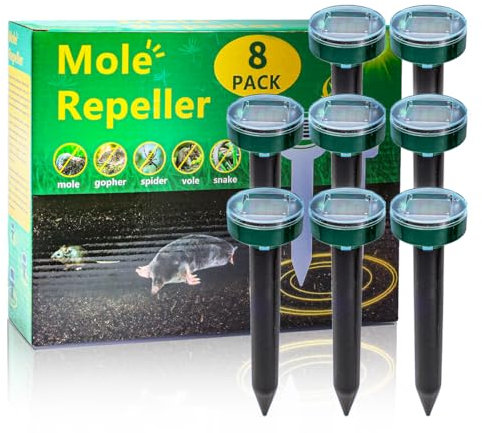Upgrade 8PK Mole Repellent for lawns Gopher Repellent Ultrasonic Solar Powered Snake Repellent Deterrent Mole Repeller Vole Repellent Outdoor Lawns Garden Yard All Pests Sonic Spikes Stakes Chaser 8