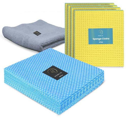 Homlix Ultimate Cleaning Cloth Pack: 4 Super Absorbent Sponge Cloths & 10 Blue Cleaning Cloths – Microfiber Dish Cloth, Cloths for Kitchens - Reusable for Household and Professional Cleaning