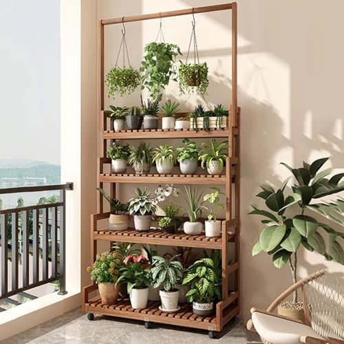 WZSMZKHF Pflanzenregal mit 4 Ebenen Auf Rädern, Holzleiter, Blumenständer Leiterregal mit Hängestange, Pflanzentreppe Outdoor Balkonregal for Den Balkon, Garten, Hof(80cm)
