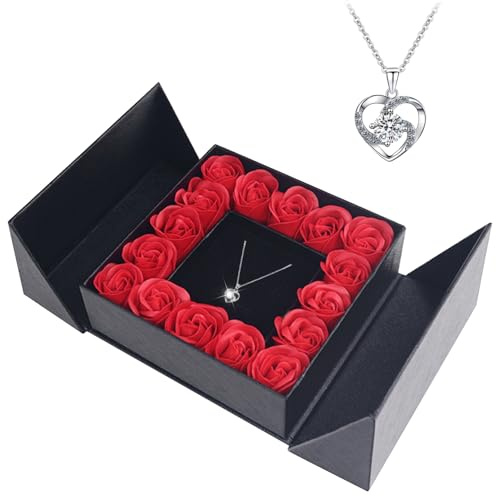 Generico Ewige Rose Boxe, konservierte ewige Rose mit 925 Sterling Silber Damen Kette schmuck, Schmuck Geschenkbox, Muttertagsgeschenk, Valentinstag, Hochzeitstag Geschenke für Sie Freundin Frauen