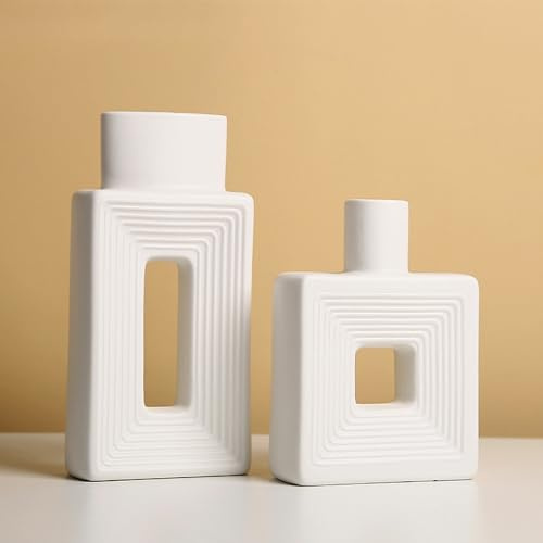 White Ceramic Vase Set of 2,Square Vase Rustic Home Decor Minimalist Nordic Boho Style for Living Room, Shelf, Table, Bookshelf, Mantel and Entryway Decor Vases (Square White)