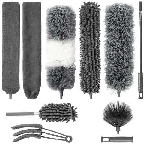 10 Pezzi Spolverino per Polvere, Spolverino Telescopico, lunghezza retrattile fino a 245 CM, Togli Ragnatele Allungabile, Piumino per Spolverare per la pulizia di soffitti, ventilatori a soffitto