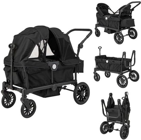 GOPLUS Cochecito Gemelar para Bebés, Silla de Paseo con 2 Asientos, Ruedas Todoterreno, Capota Plegable, Empuñadura Ajustable, Cochecito Plegable con Arnés de Seguridad, Bebés de 6+ Meses (Negro)