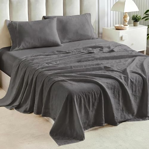 Tokokimo Juego de sábanas de 4 Piezas con Tacto de algodón y Lino Lavado, Ajustable Sábanas Bajera Cama 150x190/200cm con 2 Bolsillos Laterales, Sábana Plana 230x270cm, Fundas de, poliéster, Gris