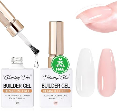 Shining She TPO-Free HEMA-Free, 2 st rosa och klar gel nagelåteruppbyggnad av UV-LED-naglar för nybörjare och proffs nagelförlängning nagelförstärkning nagelkonst, 15 ml