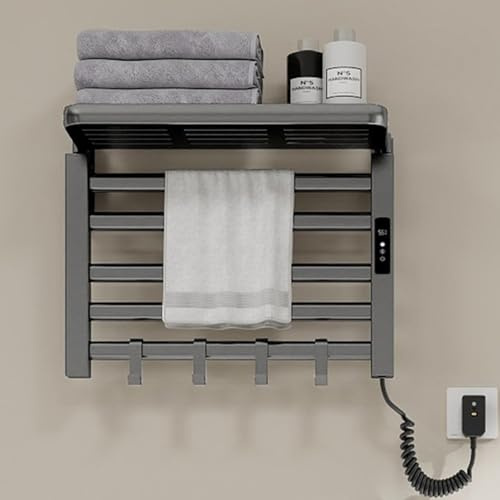 Toallero Eléctrico Pequeña, Radiador Toallero Eléctrico Bajo Consumo, Toallero de Pie o Pared para Baño Secado Rápido, Calefacción de Fibra de Carbono, Temporizador, Pantalla LED, Termostato-Grey