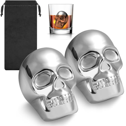 Skull Head Stainless Steel Ice Cubes, Set of 2 | Whisky Stones, Reusable, Cooling Stones, For Whisky, Gin, Rum, Tequila
