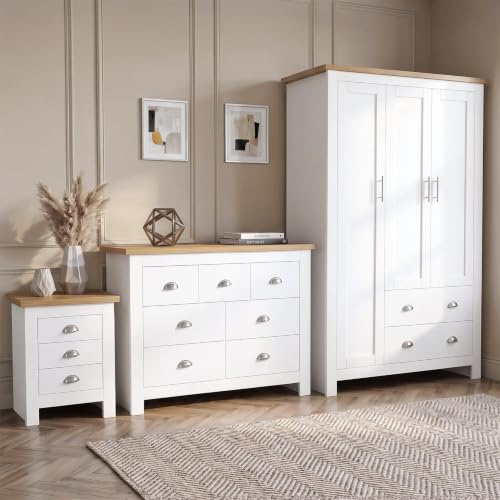 Blisswood 3 Piece Bedroom Furniture Set, 3 Door Wardrobe, 4+3 Drawer Chest of Drawers & 3 Drawer Bedside Table, Modern Shaker Style Bedroom Wardrobe Set with Oak Top, White Bedroom Storage Furniture