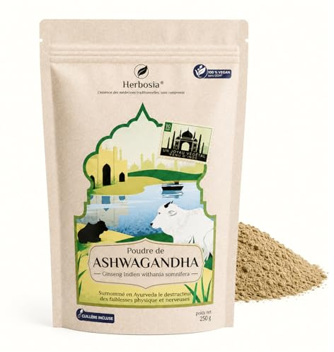 HERBOSIA Poudre d’Ashwagandha 250 g – Withania Somnifera Racine en Poudre – Plante Traditionnelle d’Inde – 100% Végétal Sans OGM – Sachet Refermable avec Cuillère Doseuse