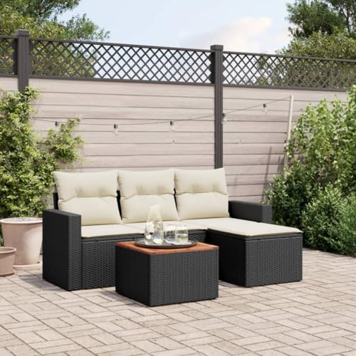 KKHOMEI Lounge Set Rattan Gartenmöbel Set Balkonlounge L Form Balkonmöbel Kleiner Balkon inkl. Sitzkissen Balkonsofa Sitzecke Outdoor Ecklounge Schwarz und Creme 5-TLG Type-A294