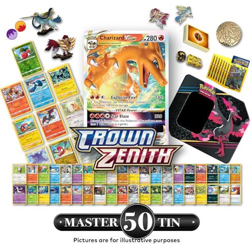 Limited Edition Pokemon Crown Zenith Mystery Tin - 50x CZ cards incl. 10x CZ Holos | 1x Ultra Rare Crown Zenith Card | Large Tin, Figures, Card Sleeves, Dice, Counters + more! | By Poke Bruvs
