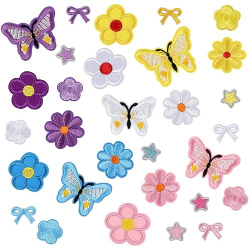 30 Pcs Butterfly and Flower Iron on Patches Daisy Embroidered Patches Flower Applique Patches Cute Sew on Patches for Clothes Jeans Hats T-Shirts Backpacks DIY Accessories