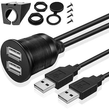 TNP USB Einbaubuchse - 2m Verlängerungskabel, Kfz Einbau Buchse, Runder Armaturenbrett Adapter, 2x Stecker Auf 2x Buchse für Auto, LKW, Boot, Motorrad, Schwarz