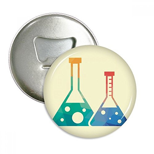 2 kegelförmige Flaschen, Chemie-Muster, rund, Flaschenöffner, Kühlschrankmagnet, Button, 3 Stück