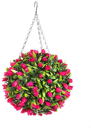 Best Artificial TULIP Flower Ball Lush Long Leaf Topiary Grass (28cm, Pink)