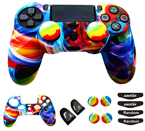 Silicone Skin Cover for Ps4 Controller (1pc Anti-Slip Case, 1 Pair L2 R2 Trigger Extender, 4pcs Thumb Grips,4pcs LED Light Bar Decal) Protector for DualShock PS4/ Slim/Pro Controller